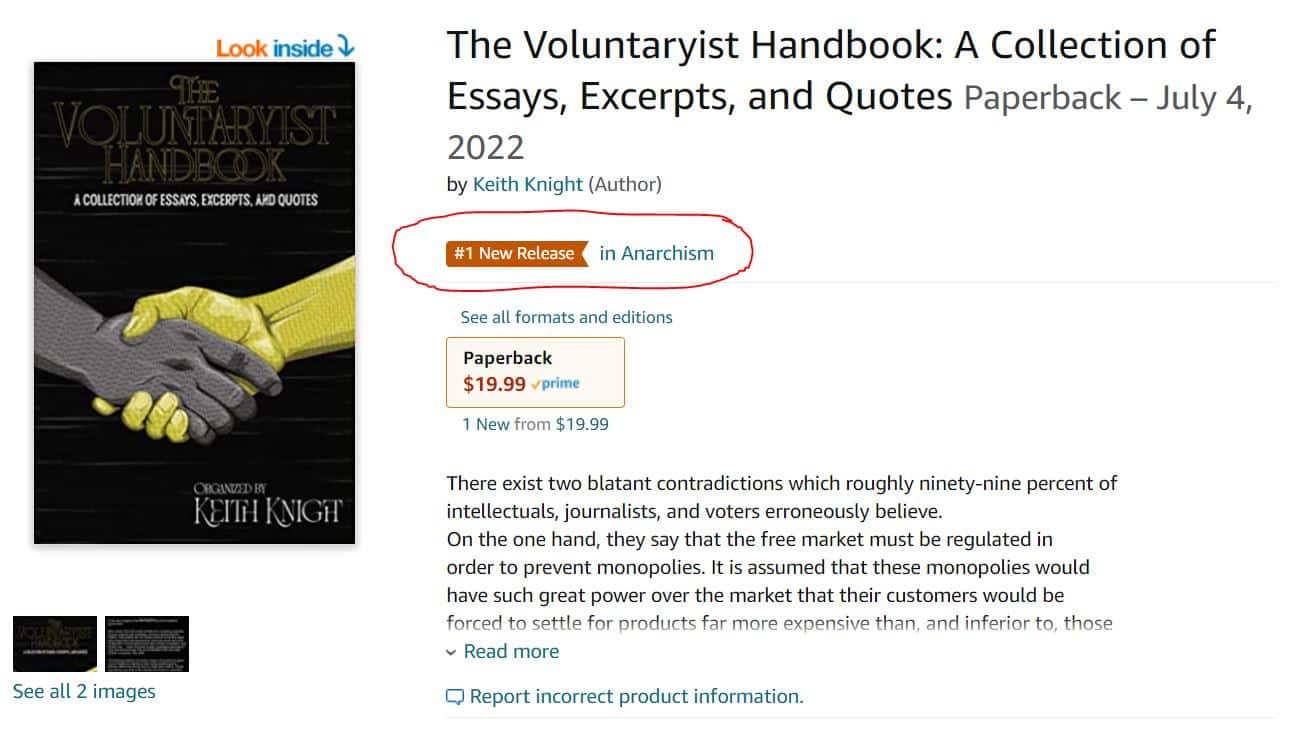 ‘The Voluntaryist Handbook’ is #1 in Amazon’s ‘Anarchism’ Category
